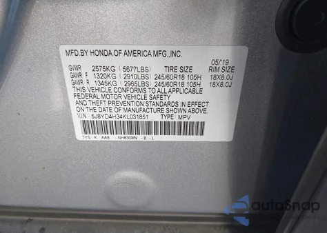 2019 Acura Mdx Standard z USA, uszkodzony, nr VIN 5J8YD4H34KL031851